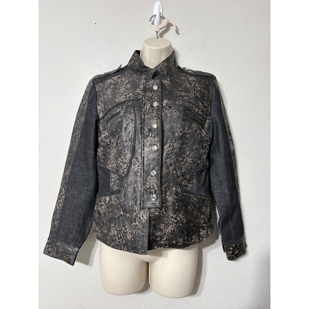 Genuine Leather Denim‎ Mixed Media Military Jacket Distressed Acid Wash Black M